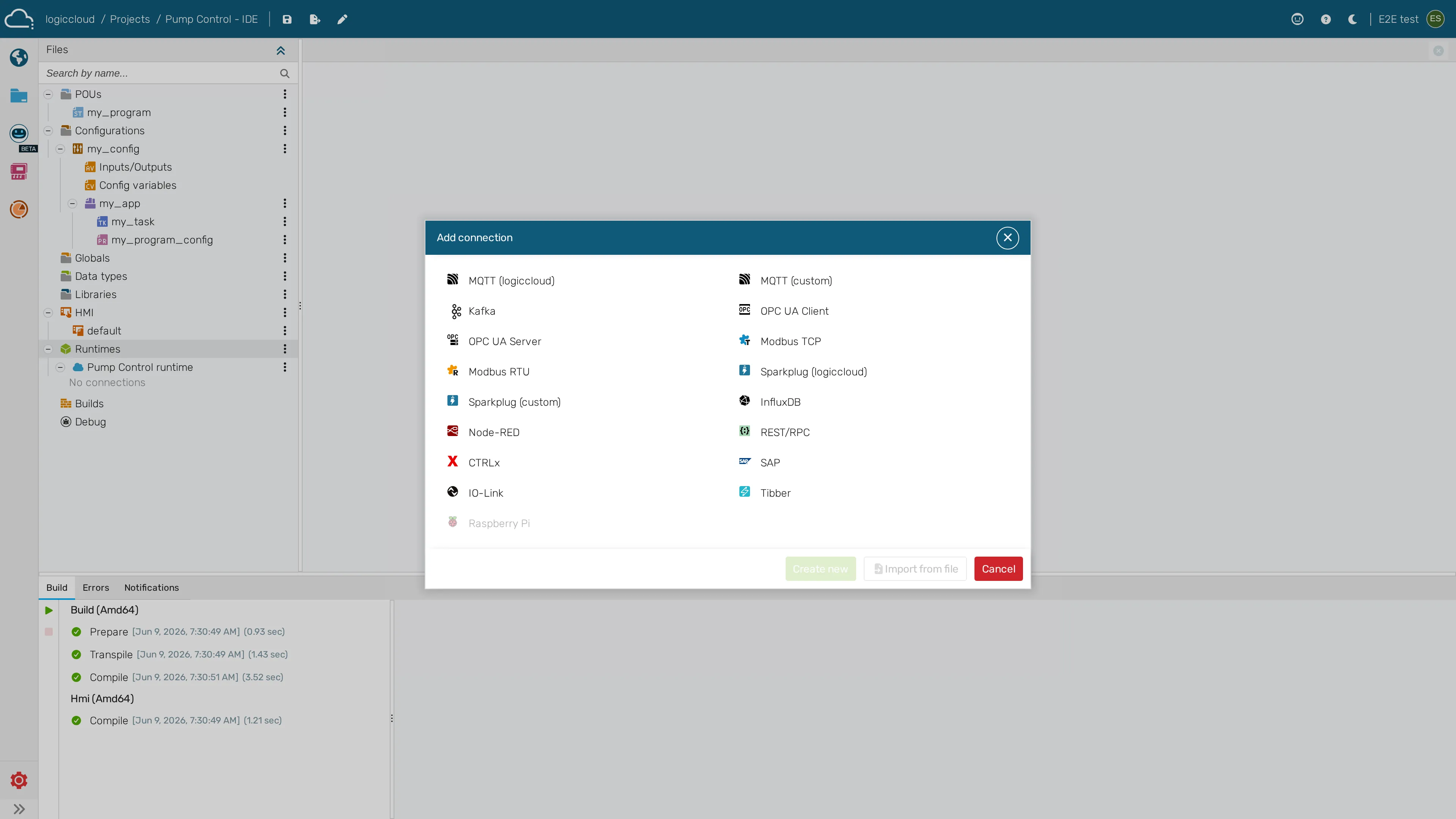 The Add connection dialog lists every connector type; connections are created under a runtime in the IDE project tree